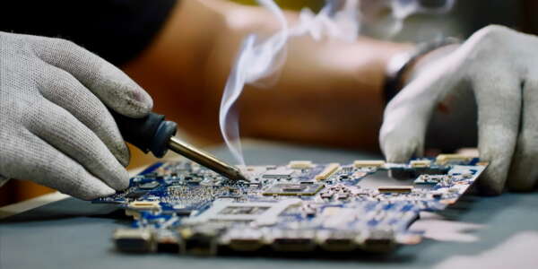 Technician engineer in workshop. Repairman in gloves is soldering circuit board of electronic device on the table, hands close up. He takes tin with a soldering iron and puts it on microcircuit.